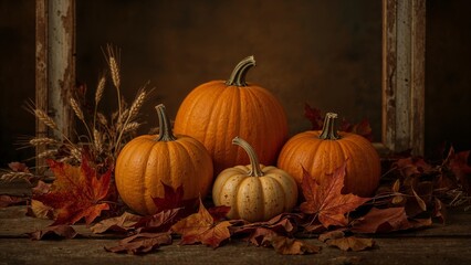 Thanksgiving Pumpkins with Autumn Leaves and brown backgrond