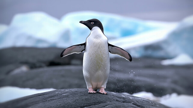 A close-up photograph of an Adelie penguin standing on dark gray rocks against a blurred icy background.