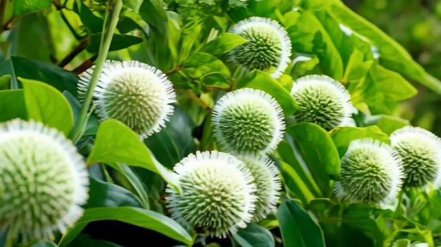 Close-up of vibrant buttonbush blooms surrounded by vivid green leaves in natural daylight, showcasing unique floral textures and shapes.