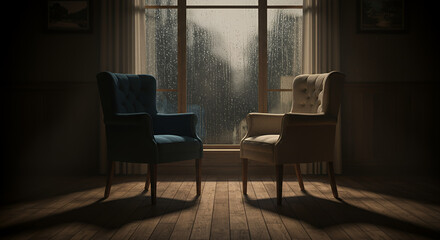 Fototapeta premium Cinematic romantic style with two empty chairs facing each other across a rain-streaked window 