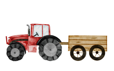 Tractor with a cart watercolor hand drawing. Clip art of a red toy car isolated on a white background. Illustration of an agricultural machine. For posters and cards, educational cards and game