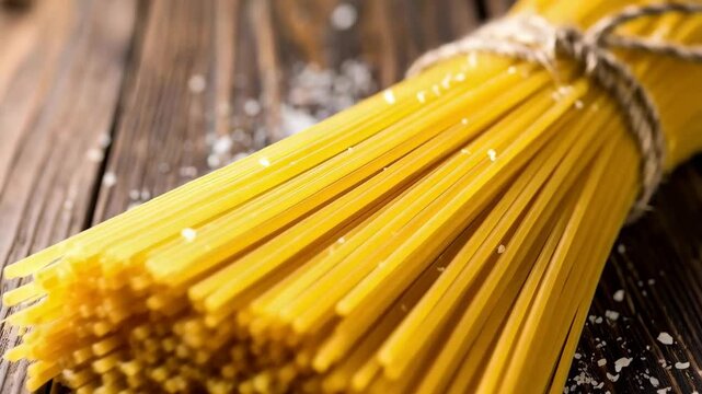 Bundle of raw yellow spaghetti pasta tied with twine on dark wooden table, preparing Italian dish