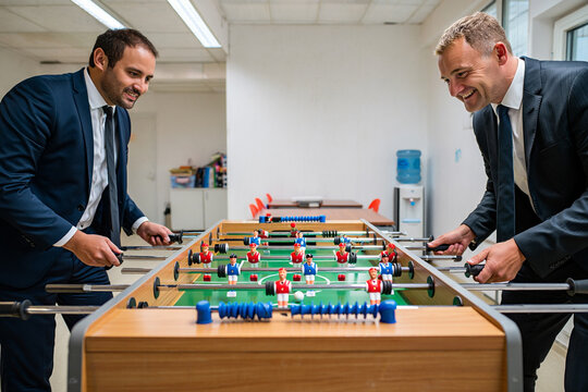 Two businessmen in suits play foosball in a modern office, laughing and enjoying a casual break from work.