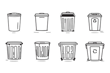  set of different type of 8 pcs Trash can line art and black color 