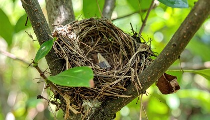 Rustic avian dwelling, a woven haven amidst verdant foliage, nature's gentle cradle