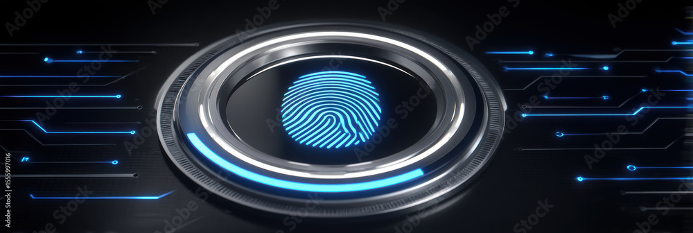 Poster blue fingerprint scanner with futuristic digital interface and glowing circular elements dark backgr