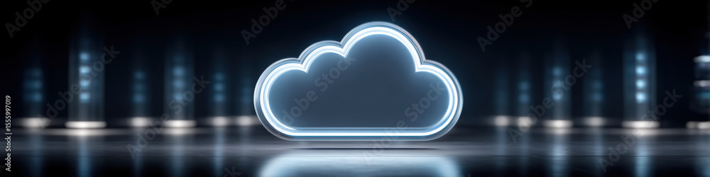 Poster neon glowing cloud icon with futuristic digital background and reflective surface, symbolizing techn