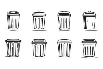  set of different type of 8 pcs Trash can line art and black color 