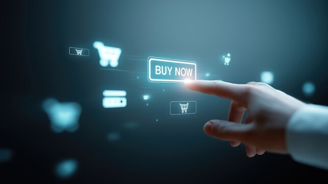 human hand reaching toward glowing virtual “Buy Now” button, surrounded by neon shopping icons on dark digital background. Perfect for e-commerce, fintech, and UI concep