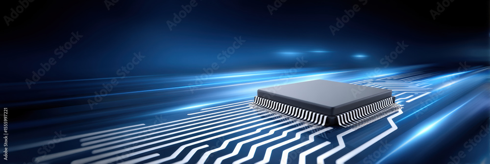 Poster microchip on circuit board with glowing blue light effects, symbolizing advanced technology and fast