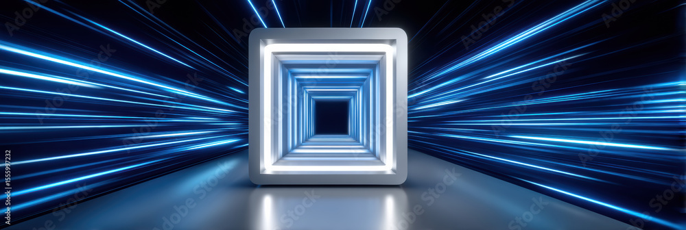 Poster futuristic tunnel with glowing blue neon lights and square frame creating dynamic and immersive visu