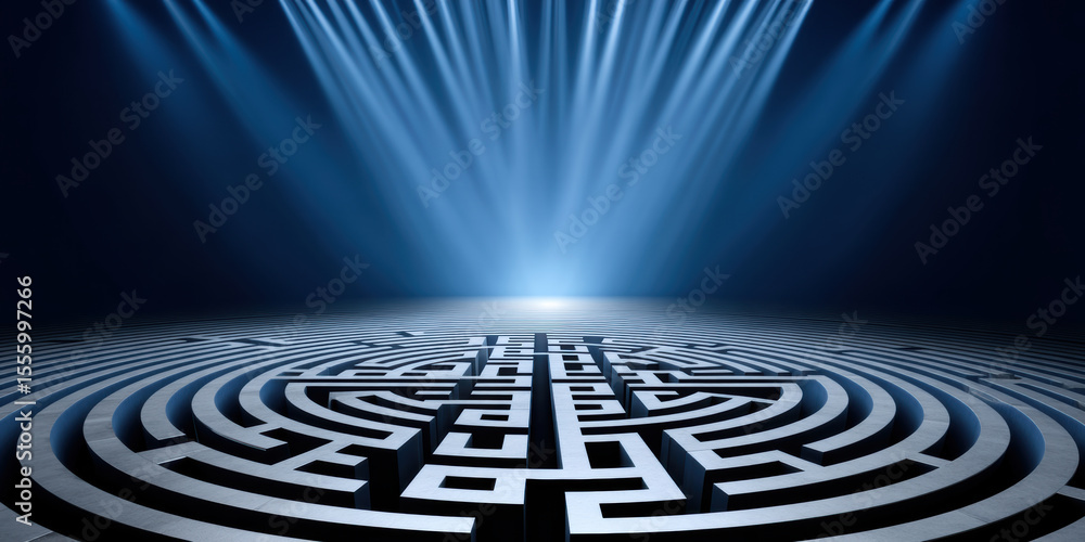Poster circular maze with illuminated exit in dark room, symbolizing challenge and hope with dramatic blue 