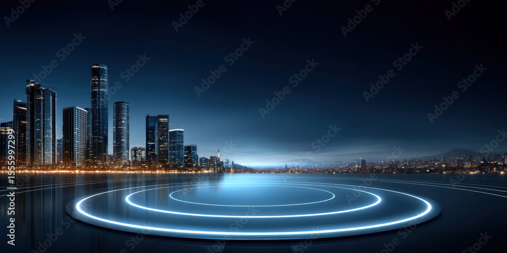 Poster futuristic city skyline at night with glowing circular light patterns on reflective surface creating