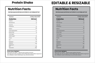 Fototapeta premium Protein Shake nutrition facts, nutrition facts, food label, calorie chart, protein infographic, healthy eating, vitamin chart, editable template, diet plan, meal prep nutrition, food packaging label 