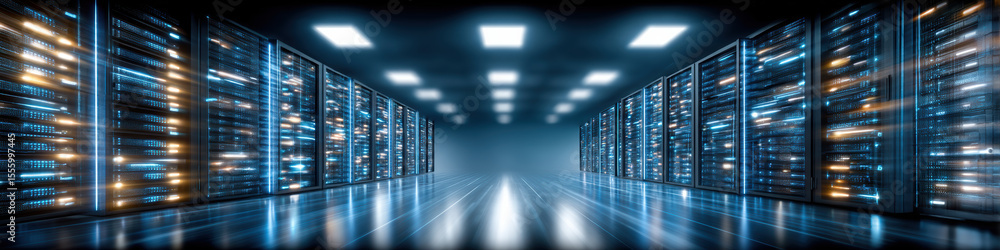 Poster data center with server racks and glowing lights in futuristic environment, showcasing technology an