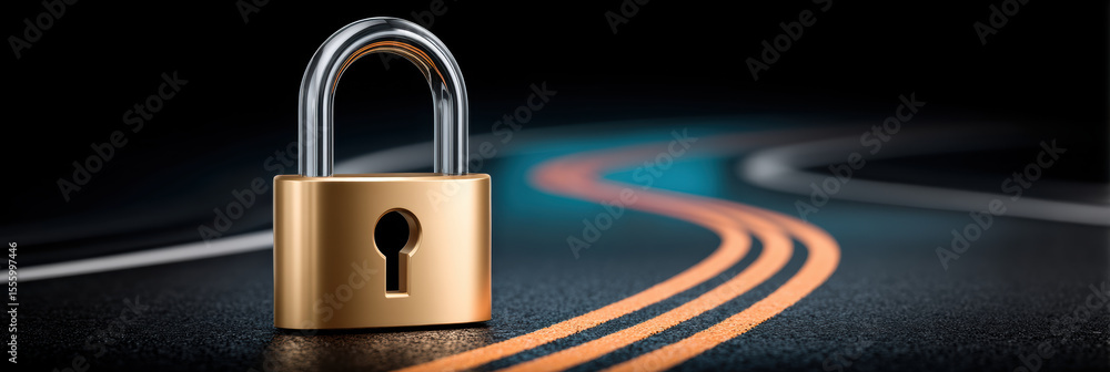 Poster locked padlock on asphalt road with double yellow lines symbolizing security and protection in dark 