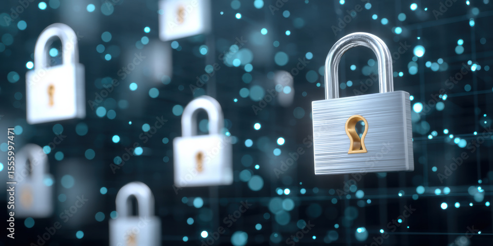 Poster digital security concept with multiple silver padlocks floating in dark blue network background, sym