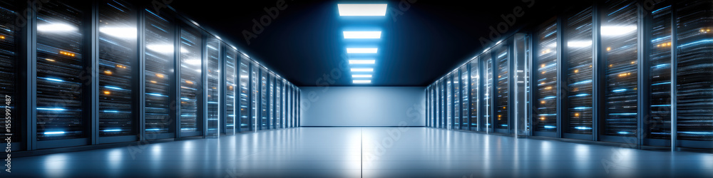 Poster data center server room with illuminated racks and reflective floor, showcasing advanced technology 