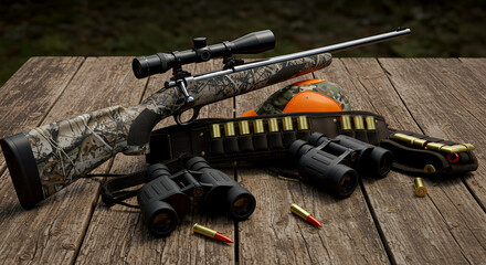 Sport hunting gear, modern hunting rifle with camouflage stock, binoculars, and cartridge belt arranged neatly on rustic wooden surface