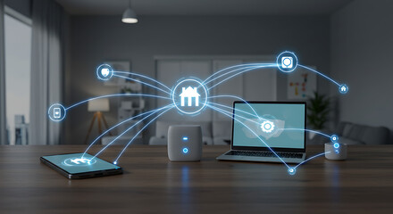 Smart home technology seamlessly integrates devices, connecting a laptop, smartphone, and smart speaker for convenient home control.