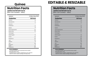Quinoa nutrition facts, nutrition facts, food label, calorie chart, protein infographic, healthy eating, vitamin chart, editable template, diet plan, meal prep nutrition, food packaging label
