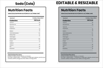 Soda (Cola) nutrition facts, nutrition facts, food label, calorie chart, protein infographic, healthy eating, vitamin chart, editable template, diet plan, meal prep nutrition, food packaging label
