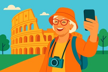 Elderly Woman Taking a Selfie While Traveling, AI generated