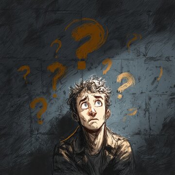Person feeling lost with many questions above.