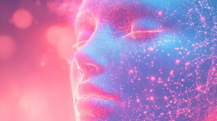 Neurocosmetic, facial skin with molecules interacting with skin sensors, nerves glowing subtly, conceptual futuristic overlay of brain activity patterns