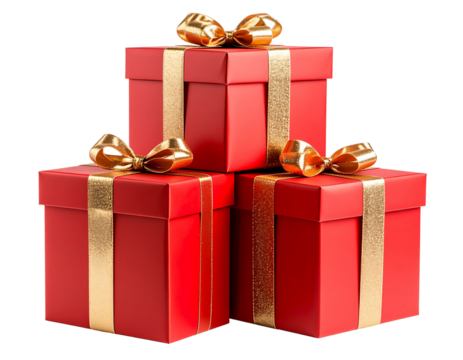 Stacked Red Christmas Gift Boxes with Gold Ribbon Bows, Transparent PNG