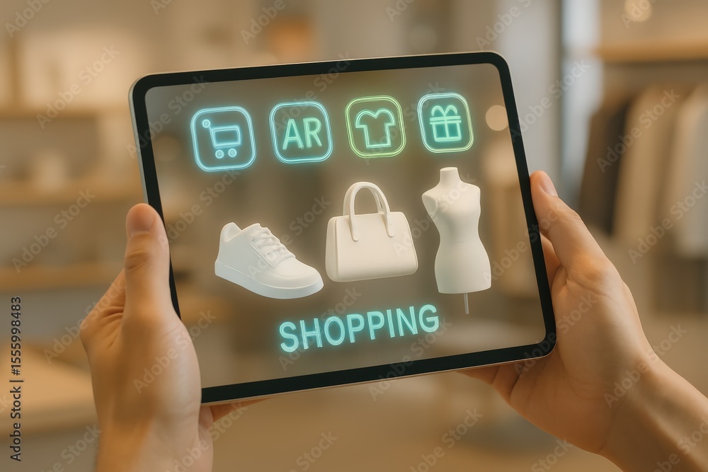 Poster hands holding tablet displaying augmented reality shopping interface online