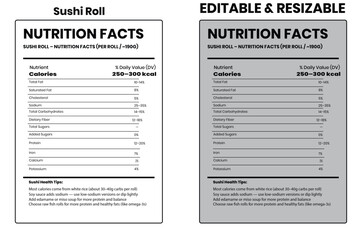 Sushi Roll nutrition facts, nutrition facts, food label, calorie chart, protein infographic, healthy eating, vitamin chart, editable template, diet plan, meal prep nutrition, food packaging label
