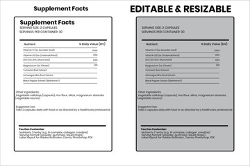 Supplement Facts, nutrition facts, nutrition facts, food label, calorie chart, protein infographic, healthy eating, vitamin chart, editable template, diet plan, meal prep nutrition, food packaging lab