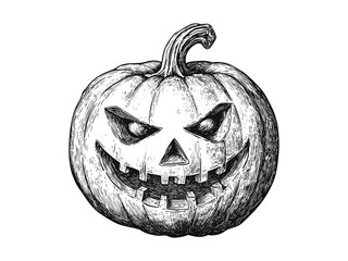 Vintage Halloween pumpkin face engraving, spooky scary face, black line art sketch, retro style illustration, October seasonal decor, old engraving effect, trendy fall design, eerie vibe,