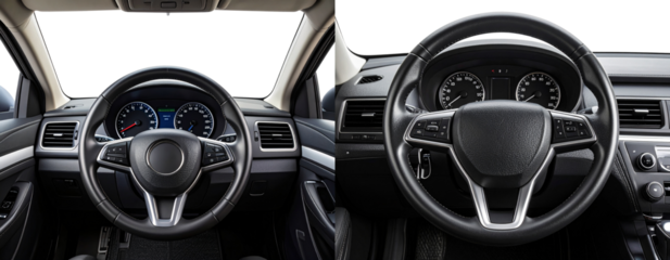 Black Car Dashboard and Steering Wheel Interior View, isolated on transparent background PNG z