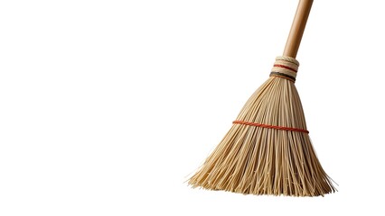 Stock photo of a straw broom for cleaning house and sweeping floor with wooden handle on white background on transparent background