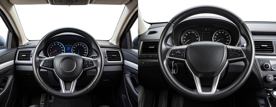Black Car Dashboard and Steering Wheel Interior View, isolated on transparent background PNG z