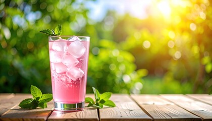 Refreshing pink soda with ice cubes and mint on a rustic wooden table setting
