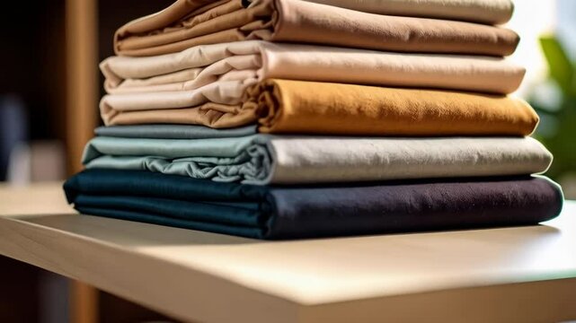 Neatly folded stack of soft cotton linens in neutral colors sitting on top of a pale wooden table surface
