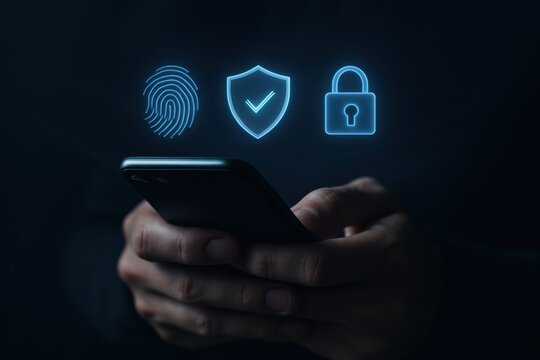 Person holding smartphone with security icons displayed above the device screen