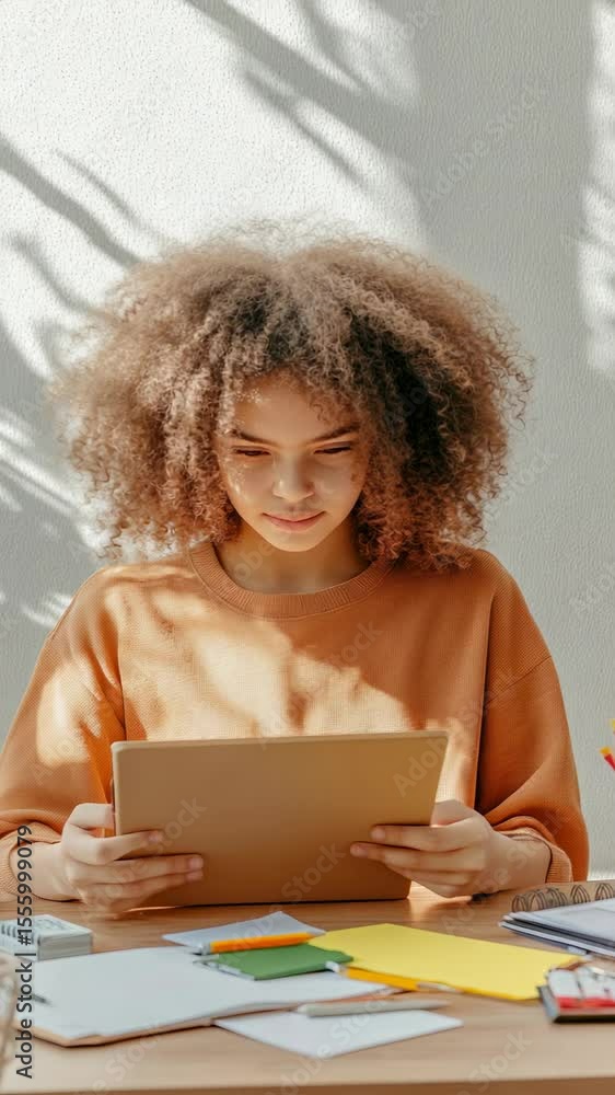 Aufkleber young student with curly hair using digital tablet while sitting at desk and doing homework, sunligh