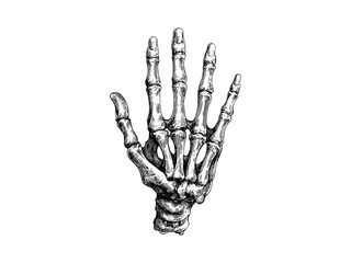 Spooky Halloween skeleton hand engraving, vintage bone icon, black line sketch style, horror seasonal decoration, trendy October motif, old engraving technique, creepy seasonal design