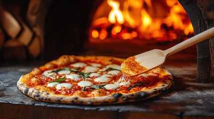 Pizza being removed from a wood-fired oven.