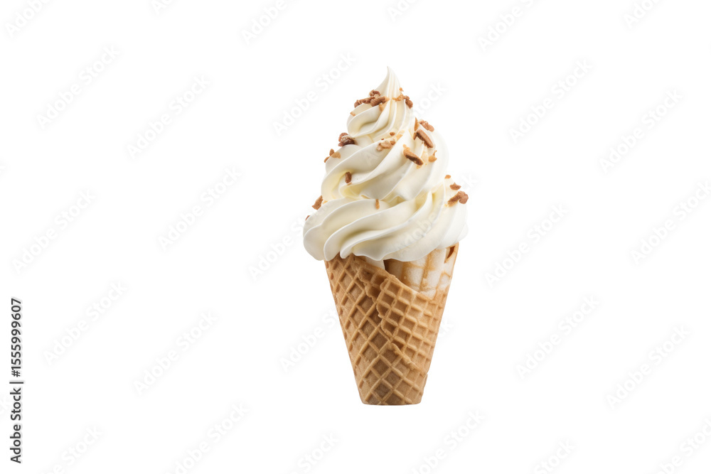 Poster vanilla soft serve ice cream cone with crunchy toppings on a transparent background. background remo