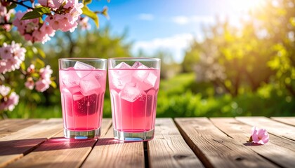 Refreshing Pink Soda with Ice on a Wooden Table in a Blossoming Garden