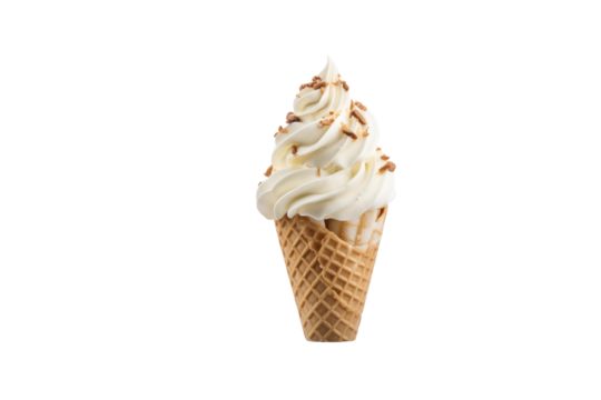Vanilla soft serve ice cream cone with crunchy toppings on a transparent background. background removed