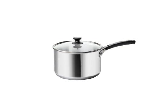 Stainless steel saucepan with a glass lid and black handle, perfect for cooking. background removed