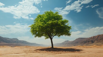 A single green tree surrounded by a desert landscape 
