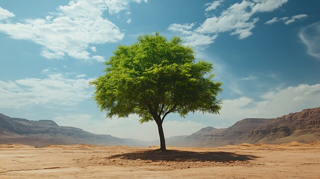 A single green tree surrounded by a desert landscape  - Powered by Adobe