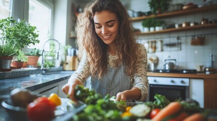 Woman happily preparing fresh vegetables in a kitchen.